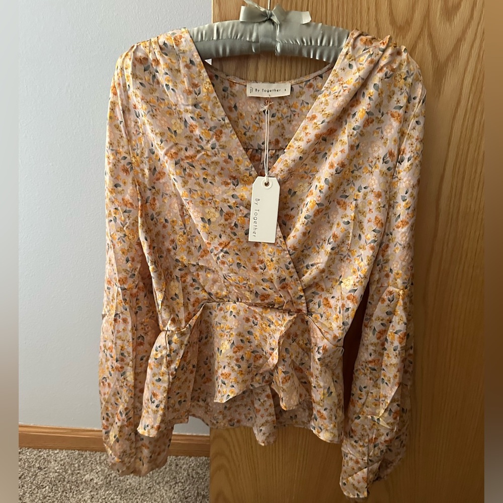 By Together Cream Wrap Peplum Blouse